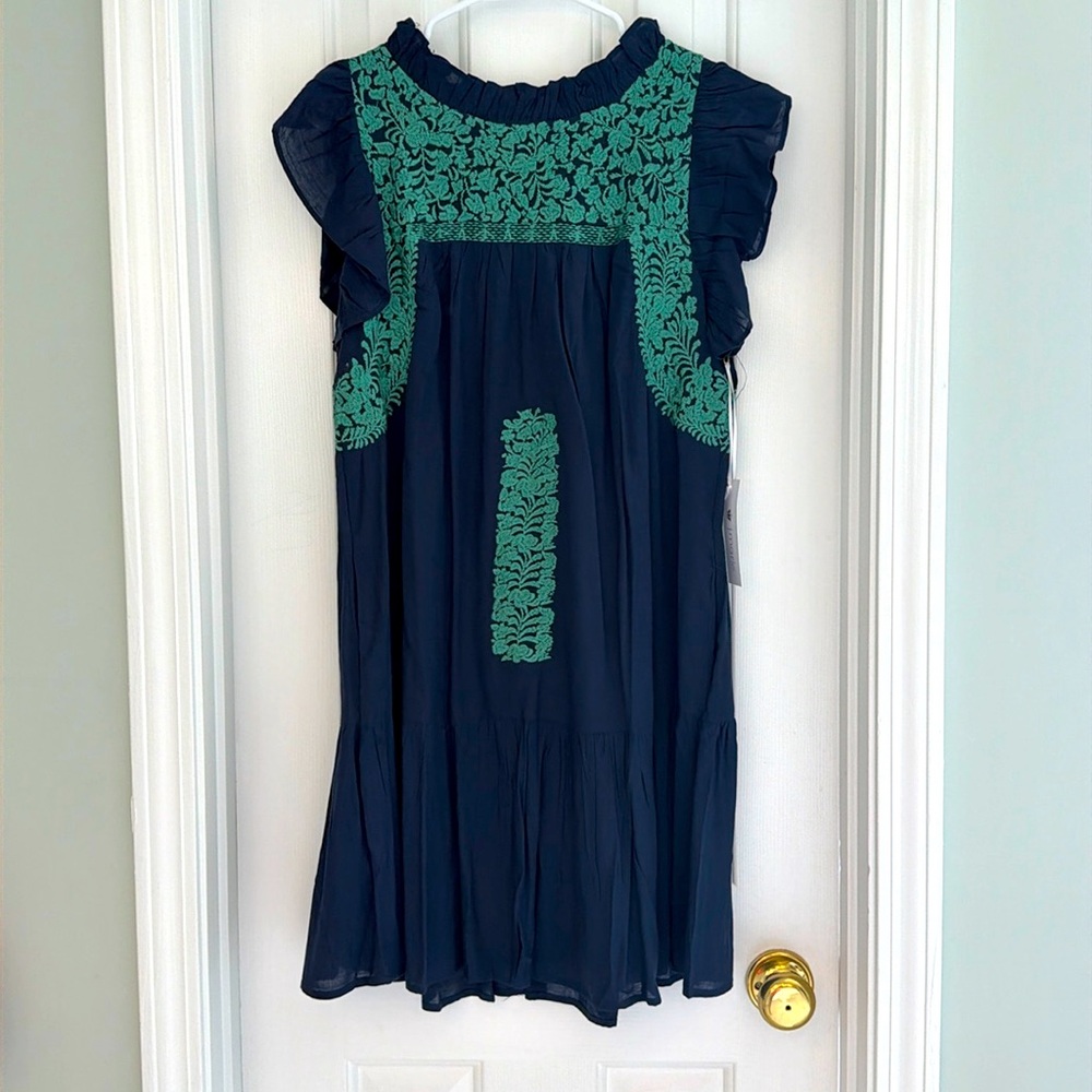 NWT Dillards J Marie navy blue dress. Green embroidery. Size small